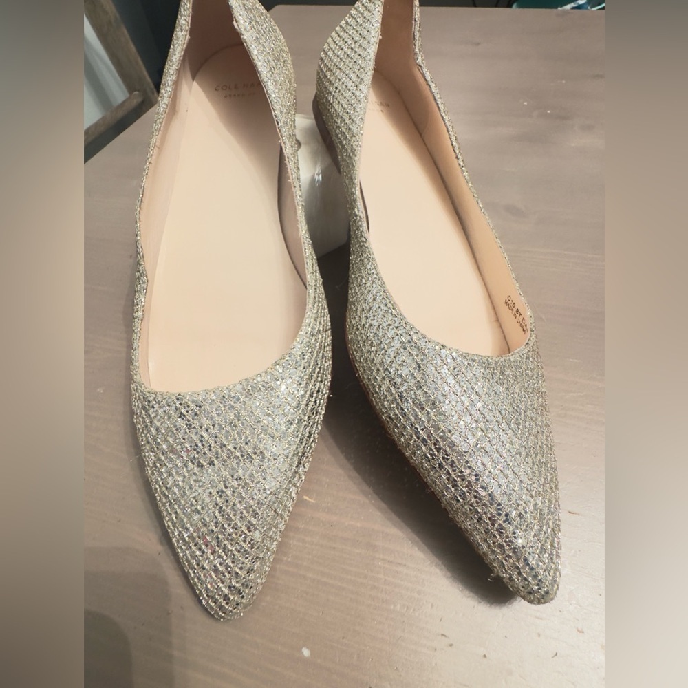 COLE HAAN skimmer Metallic Silver Glitter Pointed Toe Flat Loafers Shoes size 8